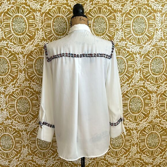 Zara Combination Textured Tweed Trim Chiffon Button Down Shirt in White size S - Picture 14 of 16